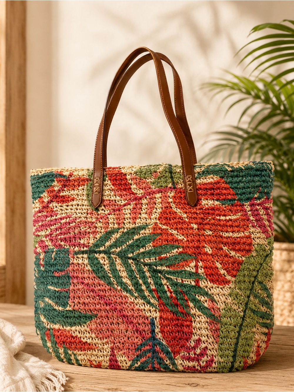 INC International Concepts Tropical Leaf Woven Tote with Brown Handles